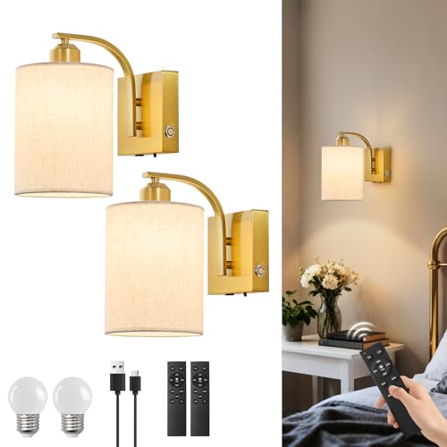 Powfloven 12000mAh Rechargeable Wall Sconces Set of 2 with Remote, Gold | Battery Operated LED Wall Lights, Wireless, 3 Color Temperatures, Dimmable, Warm Fabric Lampshape, Wall Decor, Timer Setting - color: Gold