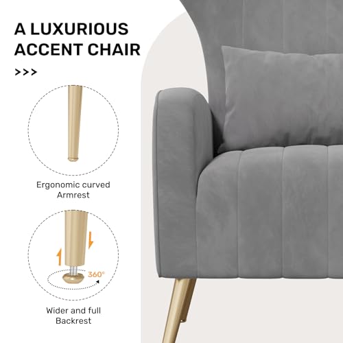Nebuaegis Velvet Accent Chair Wingback for Living Room, High Back Arm Chair with Golden Legs Lumbar Pillow, Upholstered Single Sofa Bedroom Grey - color: Grey, size: Set of 1