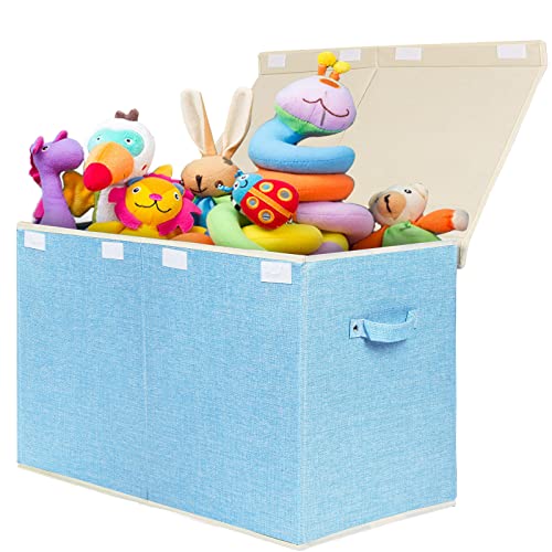 Large Toy Box Chest Storage with Flip-Top Lid, Kids Toy Storage Bin Boxes | Toy Chest with Rivets Handles for Kids, Boys, Girls, Nursery, Playroom, Living Room, Bedroom, 25"x 13" x 16" (Linen Blue) - color: Large Blue