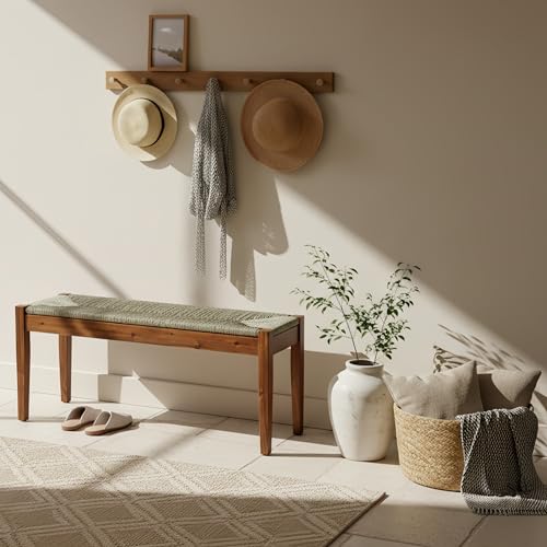 46-Inch Acacia Wood Bench with Natural Seagrass Woven Seat, Indoor Bench | Living Room, Entryway, Bedroom End of Bed or Dining, Vintage Mcm Style - color: Envelope - Brown Leg & Seagrass