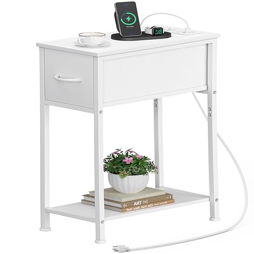 End Table with Charging Station, Narrow Side Table Nightstand with Fabric Drawer, Slim Nightstand for Bedroom, Small Bedside Table, Slim Sofa Side Table for Small Spaces, White - color: White, size: 1 Piece