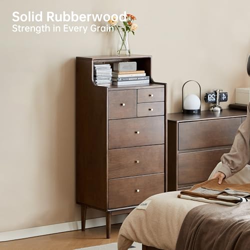 100% Solid Wood Nightstand, 6 Drawer Walnut Side Table with Open Shelve, Tall Nightstand for Small Spaces, Living Room, Bedroom, Hallway(Walnut, 19" W x 15" D x 47" H) - color: Walnut, size: 47" H
