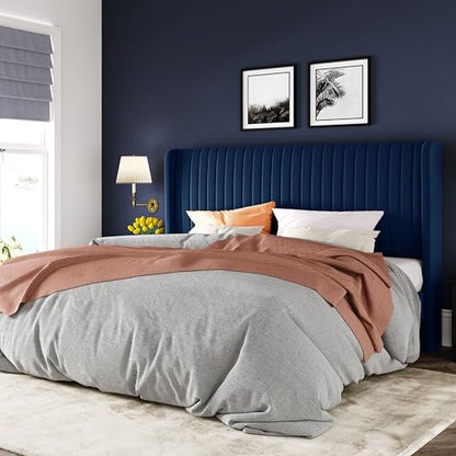 Allewie King Size Velvet Bed Frame/Vertical Channel Tufted Wingback Headboard/Upholstered Platform Bed/Strong Wooden Slats/No Box Spring Needed/Easy Assembly/Blue - color: Blue, size: King