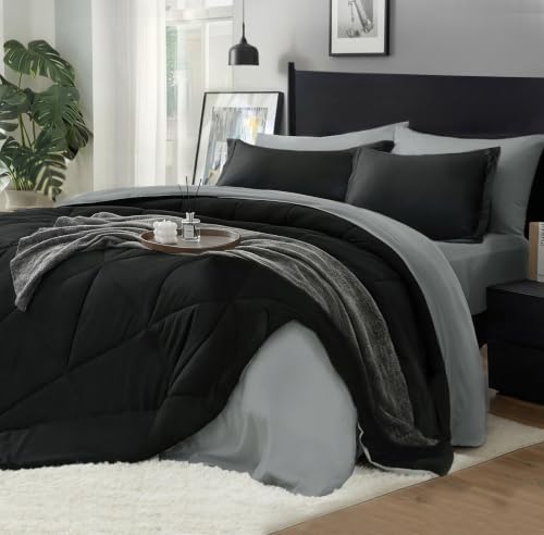 BEDELITE Twin Comforter Set 5 Pieces, Reversible Black Bed in A Bag | Soft All Season Down-Alternative Comforter, Sheets, Pillowcases & Shams, OEKO-TEX Certified Bedding for Bedrrom, Guest Room - color: Black/Dark Grey, size: Twin