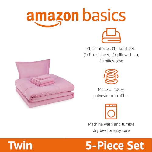 Amazon Basics 5-Piece Soft, Easy-Wash Microfiber Kid's Bed-in-a-Bag Bedding Set with Sheet and Comforter, Twin, Pink, Solid - color: Pink, size: Twin
