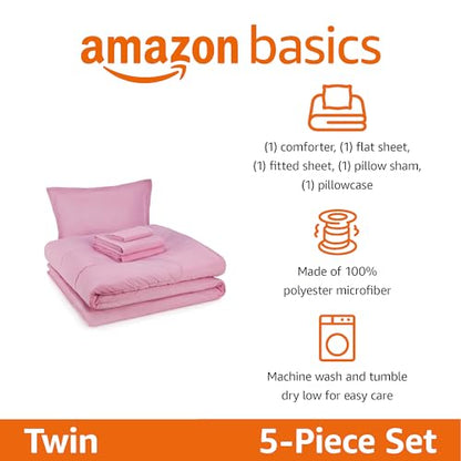 Amazon Basics 5-Piece Soft, Easy-Wash Microfiber Kid's Bed-in-a-Bag Bedding Set with Sheet and Comforter, Twin, Pink, Solid - color: Pink, size: Twin