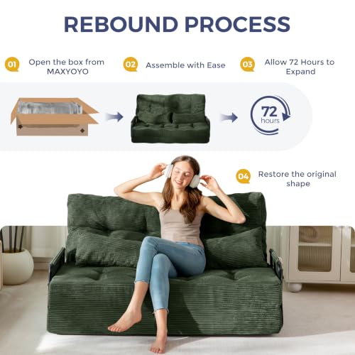 MAXYOYO Adjustable Folding Sofa Bed Couch with 2 Pillows, Dark Green | Multi-Functional Bean Bag Bed, 5-Position Foldable Lazy Floor Sofa Bed with Armrest, Versatile Floor Seating for Reading - color: Dark Green