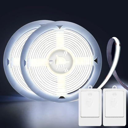 BSGlobal 2 Pack COB LED Strip Light, 6.6ft 640 LED Battery Powered LED Strip Lights, Flexible Cuttable Wireless Click Light for Cabinet, Wardrobe, Kitchen, Bedroom 6000K Cool White | 640 LED High Bright Strip Lights, Flexible Cuttable Wireless Click Light
