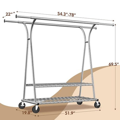 Raybee Heavy Duty Clothes Rack, 78" W Extra-Large Loads 630LBS, Expandable | Tool-Free Assembly, Double Rods & Shelves, Lockable Wheels, Commercial, Portable, For Closet, Laundry Room