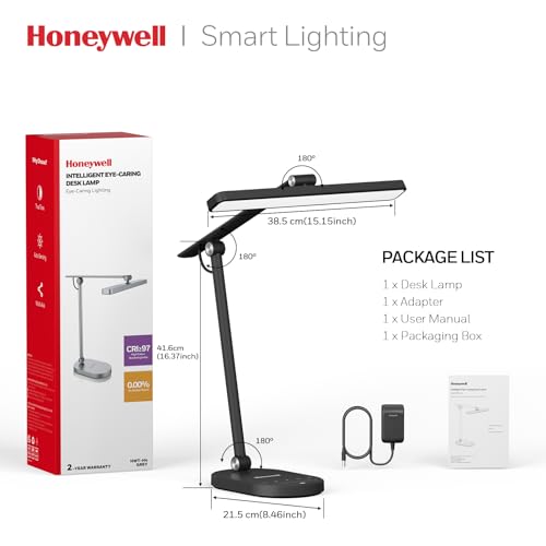 Honeywell HWT-H4 LED Desk Lamp, Eye-Caring, Dimmable, Auto Sensor | CRI97 Sunturalux LED, flicker-free eye care, 3 color temperatures, 5 brightness levels, auto dimming sensor, 60-min timer - color: Black