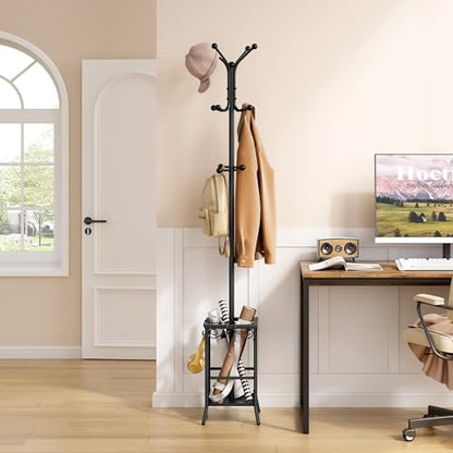 Hoctieon Coat Rack Freestanding, Coat Tree with Umbrella Holder, Metal Coat Rack Stand with 12 Hooks, Standing Coat Hanger Stand, Umbrella Stand for Entryway, Hat Rack Stand for Home Office, Black - color: Black