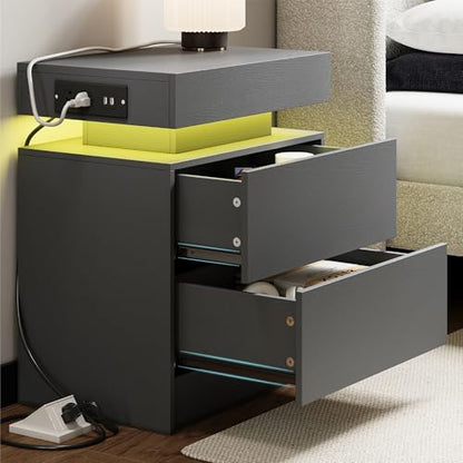 LIKIMIO Nightstand with Charging Station LED Light and 2 Drawers Grey | charging station; LED light; 2 smooth glide drawers; 13.8 D x 18.9 W x 23.6 H in; Grey wood grain - color: Grey