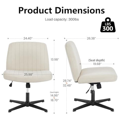 DUMOS Criss Cross Chair No Wheels Legged Office Wide Comfy Desk Vanity Chair, Armless Computer Task Seating, Swivel Home Height Adjustable for Bedroom, Study, Beige Fabric - color: Beige Fabric