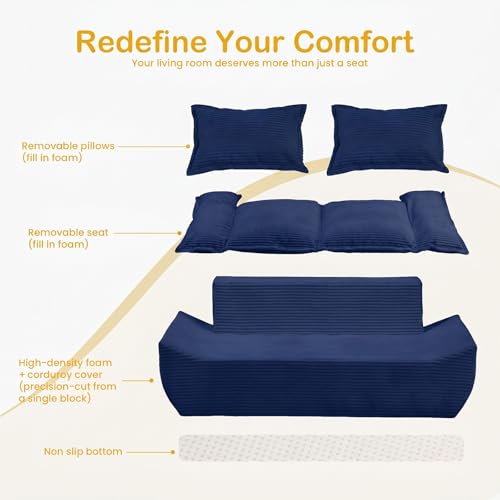 56" Boneless Loveseat, 2-Seater Boneless Sofa with Removable Cushions & 2 Pillows, Small Deep Seat Boneless Couch Compress Foam Sofa for Living Room, Apartments, & Office (Blue, Loveseat) - color: Blue, size: Loveseat（56")