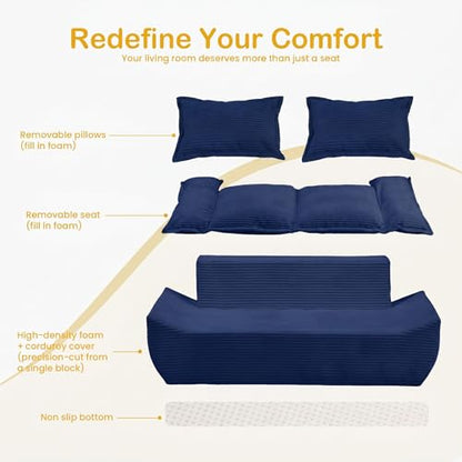 56" Boneless Loveseat, 2-Seater Boneless Sofa with Removable Cushions & 2 Pillows, Small Deep Seat Boneless Couch Compress Foam Sofa for Living Room, Apartments, & Office (Blue, Loveseat) - color: Blue, size: Loveseat（56")