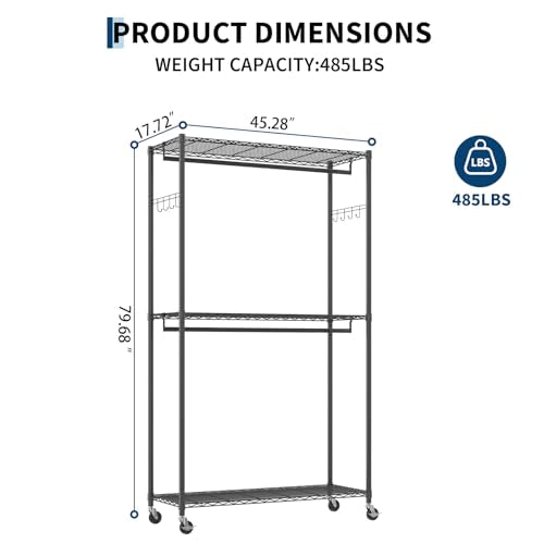 Heavy Duty Clothes Rack with Cover, 485LBS Capacity, Portable Closet Wardrobe on Wheels, Carbon Steel, Dustproof, Tool-Free Assembly, Clothes Racks for Hanging Clothes, for Bedroom, Laundry, Storage