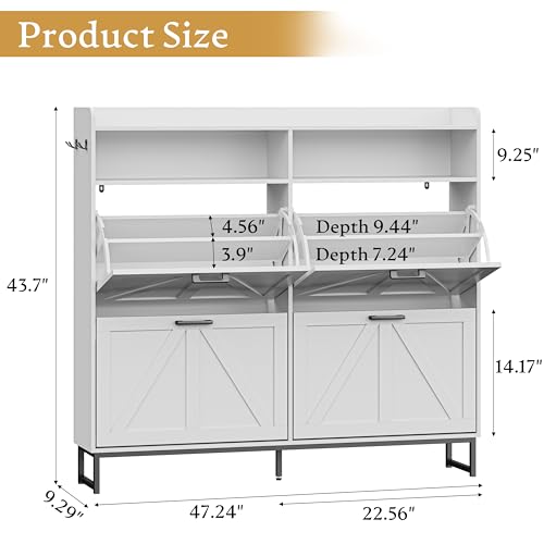 Shoe Cabinet Storage for Entryway, Shoe Storage Cabinet with 4 Flip Drawers, Freestanding Narrow Shoe Rack Organizer with Metal Legs, Adjustable Shelves & Open Storage for Foyer, Hallway, White - color: White, style: 4 Drawers