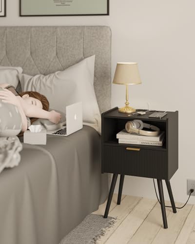 Black Nightstand with Outlet,Modern Bedside Table with Storage Drawer and Open Wood Shelf, for Living Room, Bedroom and Small Spaces, Accent Night Stand with Solid Wood Legs, Easy Assembly - color: Black-outlet
