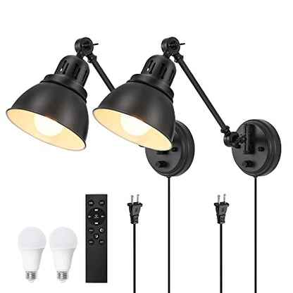 Plug in Wall Sconces Set of Two with Remote, Stepless Dimming & Stepless Colors 2700K-6500K, Swing Arm Wall Lamp, Plug in Wall Light with Night Light & Timer, Hardwired or Plug-in, LED Bulbs Included - size: Black-2 PACK(Bulbs+Remote)