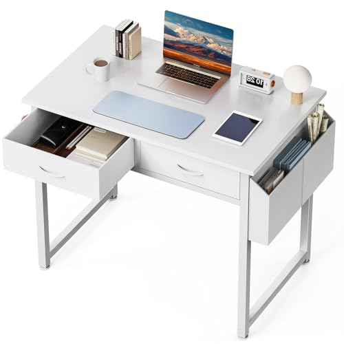 DUMOS 32" Home Office Computer Desk with Drawers, Small Gaming Writing Study Table with Storage Side Bag, Headphone Hook and Adjustable Feet for Bedroom White | Small Writing Desk for Home Office with Headphone Hook, Compact Study Table for Bedroom - colo