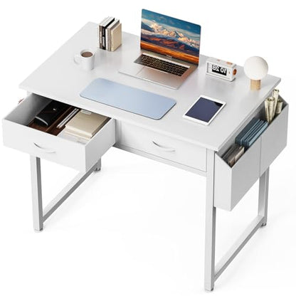DUMOS 32" Home Office Computer Desk with Drawers, Small Gaming Writing Study Table with Storage Side Bag, Headphone Hook and Adjustable Feet for Bedroom White | Small Writing Desk for Home Office with Headphone Hook, Compact Study Table for Bedroom - colo