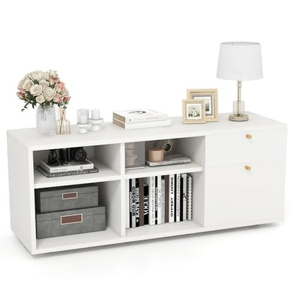Giantex TV-Stand for Bedroom Entertainment Center - Modern TV Console Cabinet with 2 Drawers, 4 Compartments, Adjustable Feet, Media TV Storage Cabinet for Small Spaces, Entryway, Living Room, White