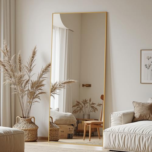 Full Length Mirror, 58"x21" Oversized Floor Mirror Freestanding, Full Body Mirror Floor Standing Mirrors with Stand, Hanging Mounted Mirrors for Bedroom Living Room, Gold, Rect Style - color: Gold, size: 58"L x 21"W, style: Rect Style