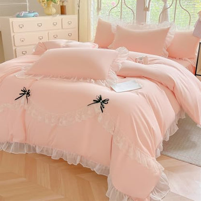 MOOWOO Lace Ruffled Bedding Setwith Cute Bowtie- 3PC(1 Full Duvet Cover 80x90 Inch, 2 Pillowcases) Aesthetic Bedding for Romantic French Wedding - color: Pink, size: Full