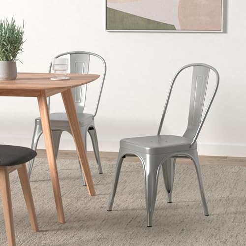 Devoko Metal Indoor-Outdoor Chairs Distressed Style Kitchen Dining Chairs Stackable Side Chair with Back Set of 4 (Silver) - color: Silver