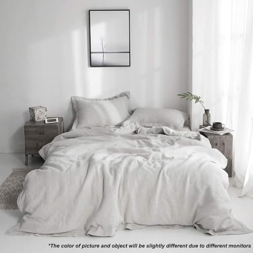 Simple&Opulence 100% Linen Duvet Cover Set with Embroidery Border Washed - 2 Pieces (1 Duvet Cover & 1 Pillow Sham) with Button Closure Soft Breathable Farmhouse - Light Grey, Twin Size - color: Light Grey, size: Twin