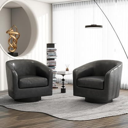 Swivel Barrel Accent Chair, Comfy Reading Armchair, Grey Black, Set of 1 | Club Chairs for Adults, Low-Back Design, Modern Round Style, Solid Wood Frame & Metal Swivel Base, For Living Room & Bedroom - color: Grey Black