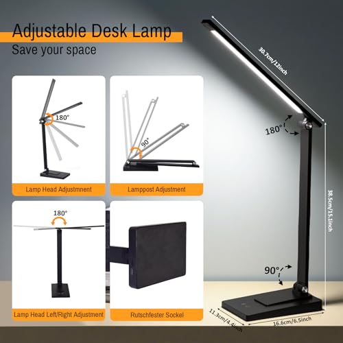 Rechargeable LED Desk Lamp, 800LM 2600mAh Reading Table Lamp | 5 Color Modes 5 Brightness Touch LED Desk Lamps, Bedside Lamp with USB Charging Port for Study Home Office Nail, Black - color: Black
