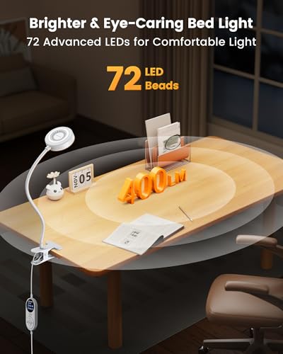 Glocusent 72 LED Clip on Lamp, Reading Lamp with Amber Ring& Amber Mode | 3 Colors & 5 Dimmable Desk Lamp, 2.75" Clamp & 30Min Timer, USB Powered, Clamp Light for Headboard/Dorm/Bunk/Work/Craft - color: White