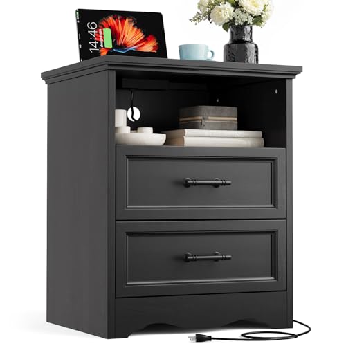 YANSNWO Black Nightstand with Charging Station, 19.7" 2-Drawer End Table | 2 USB Ports & 2 AC Outlets, Brushed Metal Handles, Unique Base Design, Modern Farmhouse for Bedroom/Living Room - color: Black, size: 15.6"D x 19.7"W x 23.6"H (2 Drawers)