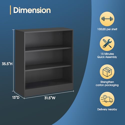 IRONMIX Short Bookshelf for Classroom, 3-Tier Black Metal Bookshcase, Small Bookcase for Small Places, Open Bookshelf with Adjustable Shelves, Cabint Display Case for Home Office, Library, Living Room - size: 31.5" W-35.5" H - 2 set