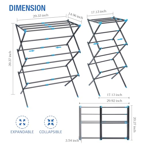 Oversize 3-Tier Clothes Drying Rack, No Install, Graphite | Expandable Design, Non-slip feet, Tool-free Setup, Rust Prevention, Sturdy Construction, 14.9" D x 29.3" W, Holds 24lbs - color: Graphite