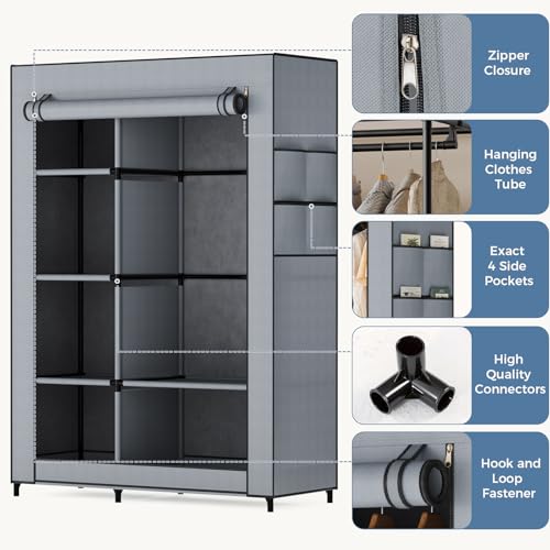 DUMOS Portable Wardrobe Closet with Cover, Freestanding Portable Garment Rack, Portable Closet Wardrobe for Clothes Storage, Clothes Organizer for Bedroom, Dorm, Apartment, Gray.