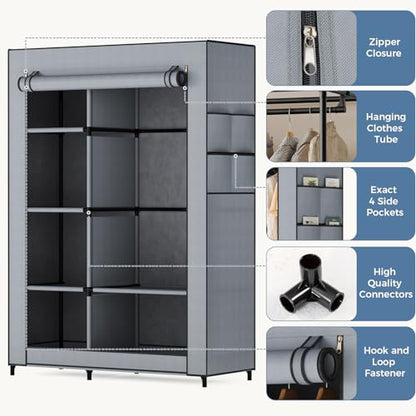 DUMOS Portable Wardrobe Closet with Cover, Freestanding Portable Garment Rack, Portable Closet Wardrobe for Clothes Storage, Clothes Organizer for Bedroom, Dorm, Apartment, Gray.
