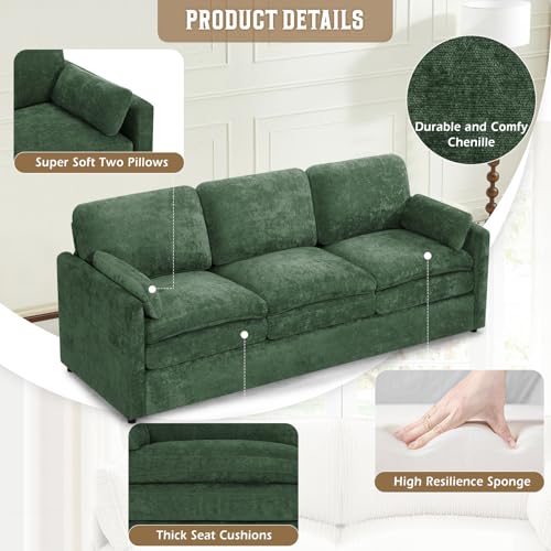 89" Chenille 3 Seats Sofa with 2 Pillows, Green | Modern Upholstered Sofa with Deeper Seats, Comfy Sofa with Thickened Cushions for Living Room, Apartment - color: Green, size: Sofa