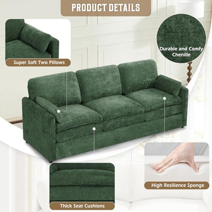 89" Chenille 3 Seats Sofa with 2 Pillows, Green | Modern Upholstered Sofa with Deeper Seats, Comfy Sofa with Thickened Cushions for Living Room, Apartment - color: Green, size: Sofa