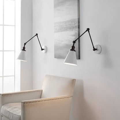 JONATHAN Y Rover 1-Light Wall Sconce 7", White/Oil Rubbed Bronze, Set of 2 | Adjustable Arm, Hardwired Bedside Reading Swing Arm, Farmhouse Cone Shade, Metal Hardwired Indoor Fixture, LED Bulbs Included - color: White/Oil Rubbed Bronze, size: Set of 2