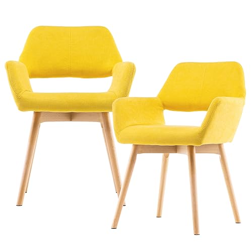 Mid Century Modern Dining Chairs Set of 2 & 4 & 6 Comfy Accent Chair Upholstered Kitchen Dining Living Room Chairs for Bedrooms Waiting Room Home Arm Desk Chair No Wheels (Yellow, 2) - color: Yellow