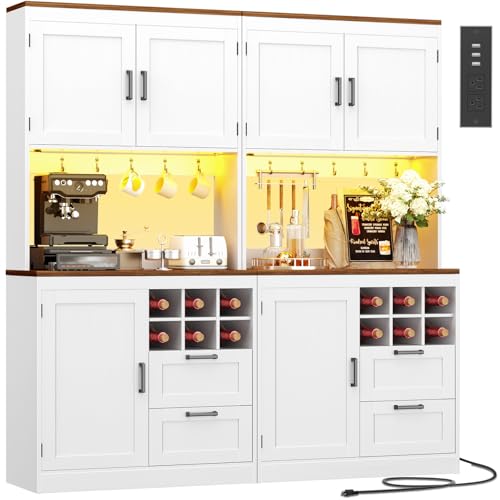 Unikito 72" Tall Kitchen Pantry Cabinet with LED Light & Outlet, White | 63" Wide Hutch Bar Unit with Microwave Stand, Drawers, Wine Rack & Storage Shelves, Freestanding Cupboard for Dining Room - color: White, size: 63 Inch