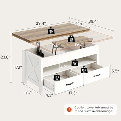 Amada Lift Top Coffee Table, 4 in 1 Convertible Coffee Table with Drawers and Hidden Compartment, Expandable Center Table Converts to Dining Table for Living Room, Farmhouse Oak & White - color: Oak & White
