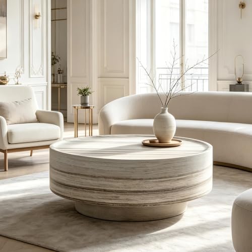 31.5" Round Faux Marble Coffee Table for Living Room (31.5"x12.8") | Center Table, Concrete Coffee Table, Travertine Accent Table, Stone Coffee Table, Living Room Furnitures, Easy to Assembly - color: Dark Grey-a