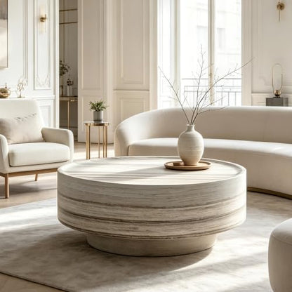 31.5" Round Faux Marble Coffee Table for Living Room (31.5"x12.8") | Center Table, Concrete Coffee Table, Travertine Accent Table, Stone Coffee Table, Living Room Furnitures, Easy to Assembly - color: Dark Grey-a