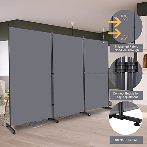 Room Divider 3 Panel Folding Privacy Screen, Round Pad Design Wall Divider | 71''Hx102''W, UV Protection Fabric, Wobble-free Metal Frame, Large 3 Panel Partition Room Dividers, Indoor Window Blackout - color: Grey