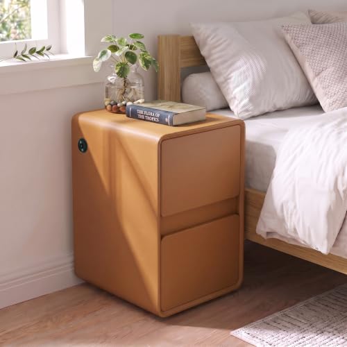 Modern Leather Nightstands Orange | PU Nightstand with USB Charging Station, Solid Wood Bedside Table with 2 Drawers, Small End Table for Bedroom Living Room - color: Orange, size: 16"