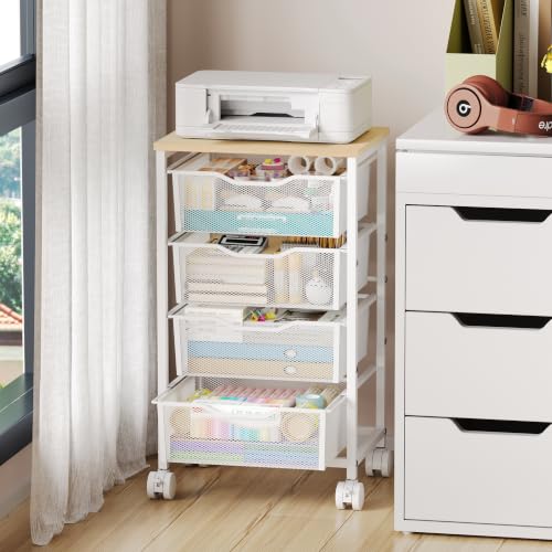 Hongtamoya Rolling Cart with Drawers, Storage Cart with Wheels Metal Rolling Drawer Cart with Lockable Wheels and Wood Tabletop Craft Storage Art Cart for Living Room Bedroom Classroom Office White - color: White, size: 4 Drawers