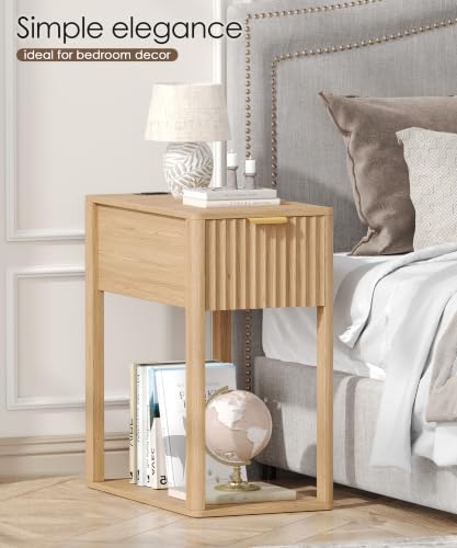 Akxomel Narrow Nightstand with Charging Station Fluted Table Walnut | Wooden Slim Bedside Table, Mid-Century Modern Night Stand with Drawer and Open Shelf, Small Side End Table, for Bedroom - color: Natural Oak, size: 21.7"D x 11"W x 23.6"H
